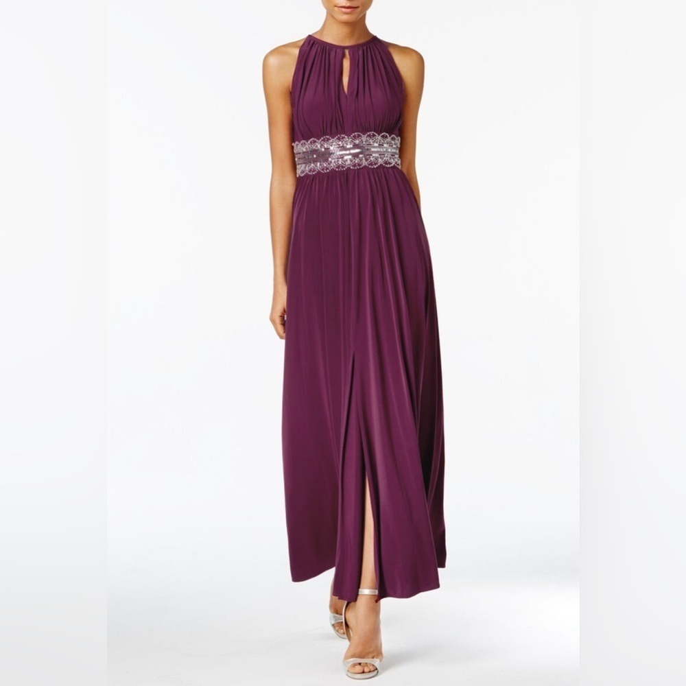 R&M Richards Beaded Sequined Double Keyhole Front Slit Dress